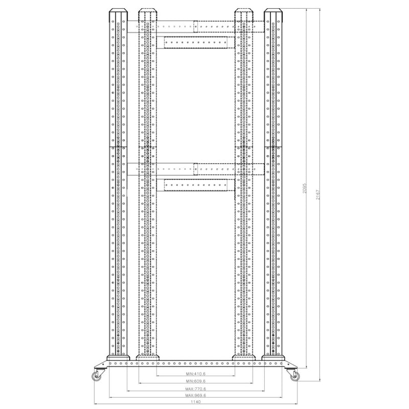 Four Post Relay Rack - 19 inch 42U, Square hole, Depth 24-36 inch