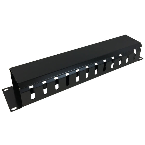 Wavenet – 2U 19 Single‐Sided Horizontal Cable Manager - Plastic Finger  Duct with Cover for 2‐Post and 4‐Post Server Racks, Metal – Black