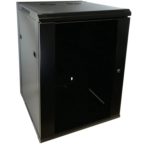 Wall Mount Cabinet 15U x 19.5 inch Usable Depth, Glass Door - Black
