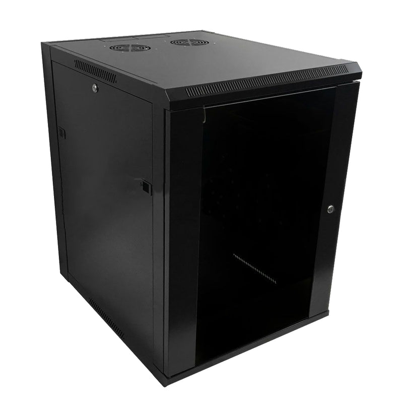 Wall Mount Cabinet 15U x 23 inch Usable Depth, Glass Door - Black