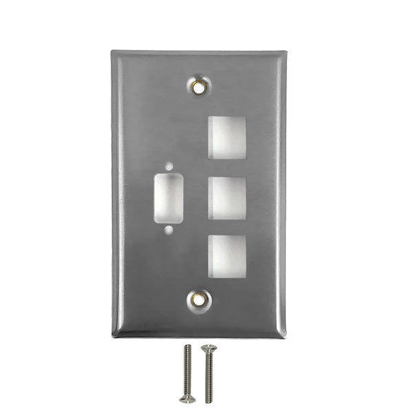 1-Port DB9 size cutout + 3 x Keystone Stainless Steel Wall Plate