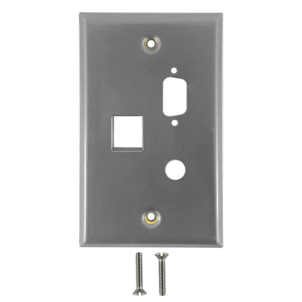 Wall plate Single Gang, DB9, 3/8 inch, 1x Keystone - Stainless Steel