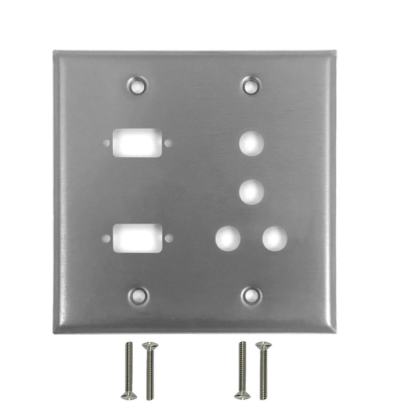 Double Gang, 2-Port DB9 size cutout + 4 x 3/8 inch hole Stainless Steel Wall Plate
