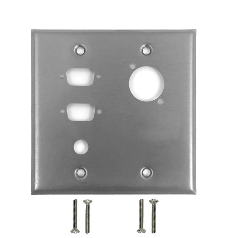 Double Gang, 2-Port DB9 size cutout , 3/8 inch hole, 1 x XLR Stainless Steel Wall Plate