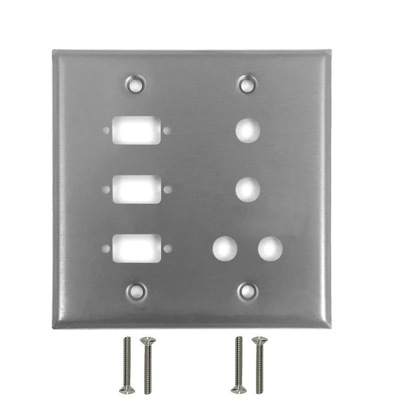 Double Gang, 3-Port DB9 size cutout , 4 x 3/8 inch hole Stainless Steel Wall Plate