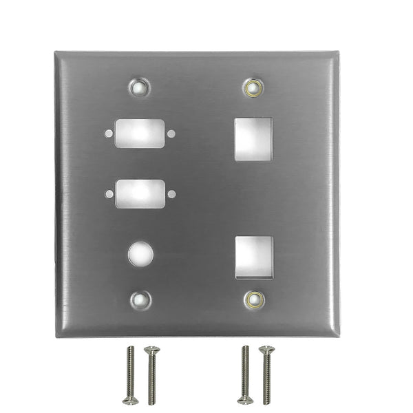 Double Gang, 2-Port DB9 size cutout , 1 3/8 inch hole, 2 x Keystone Stainless Steel Wall Plate