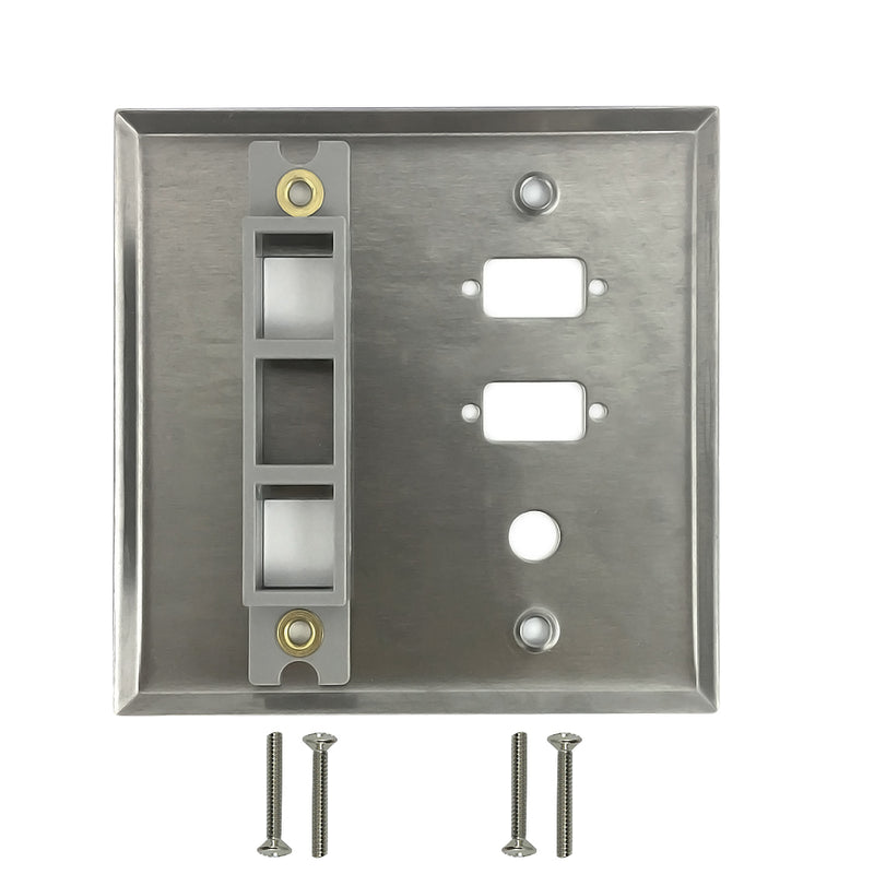 Double Gang, 2-Port DB9 size cutout , 1 3/8 inch hole, 2 x Keystone Stainless Steel Wall Plate