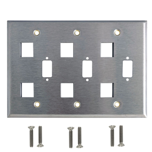 Triple Gang, 3-Port DB9 Size Cutout, 6 x Keystone Stainless Steel Wall Plate