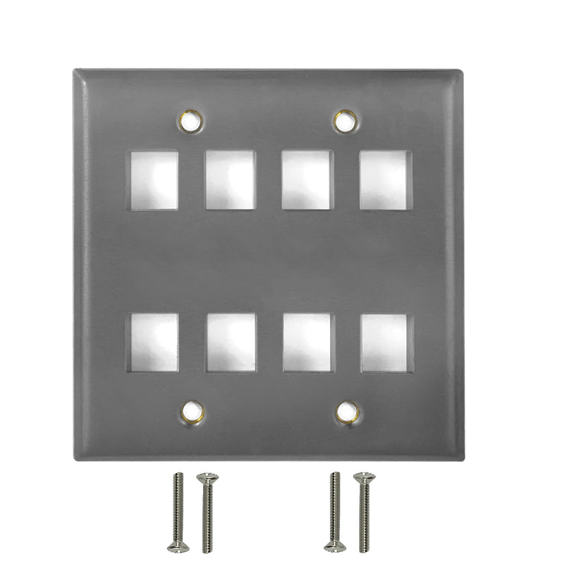 Double Gang, 8-Port Keystone Stainless Steel Wall Plate