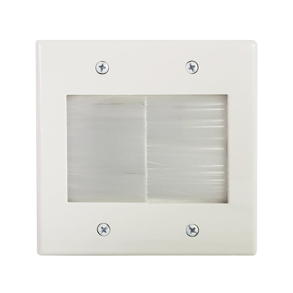 Cable Pass-Through Plate Brush Style with Wall Clip Double Gang - White