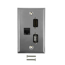 Single Gang SS Wall Plate Kit (1x HDMI, 1x USB, 1x CAT6)