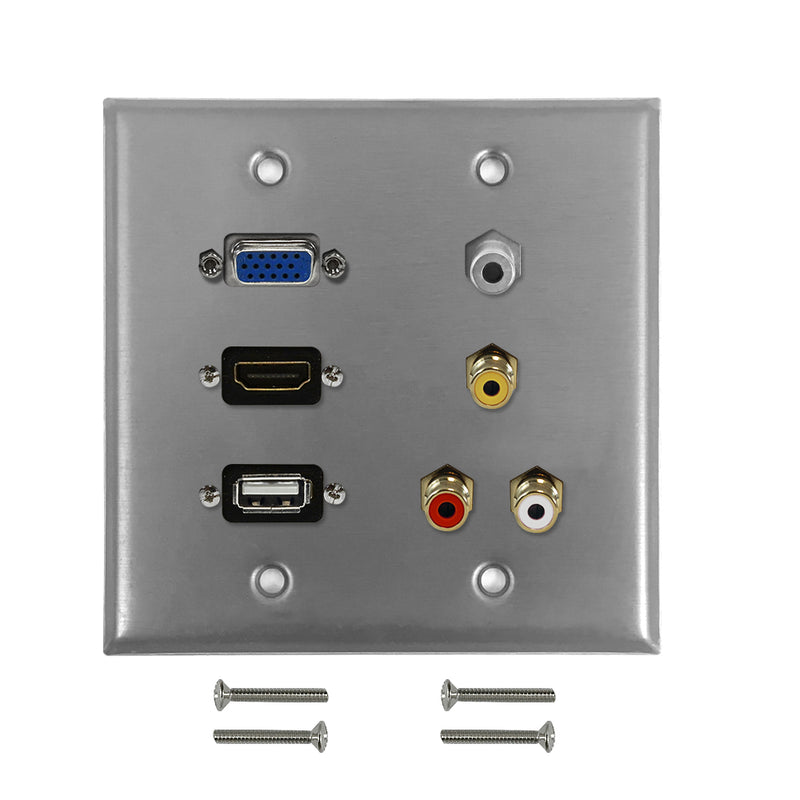 VGA, USB, HDMI, 3.5mm, RCA Composite + Left/Right Audio Double Gang Wall Plate Kit - Stainless Steel