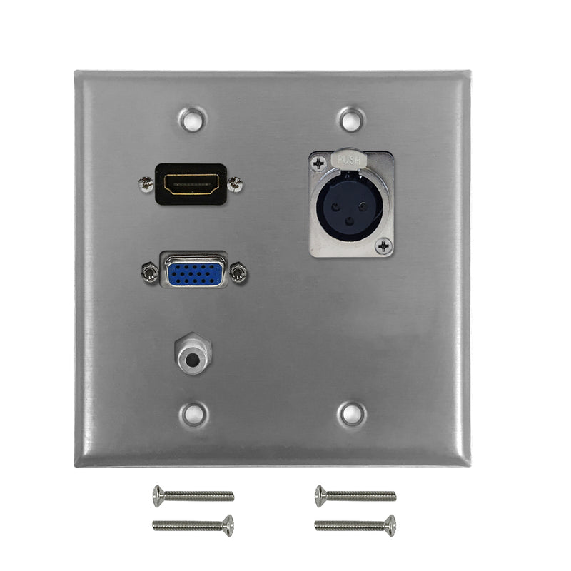 VGA, 3.5mm, HDMI, XLR Locking Female Double Gang Wall Plate Kit - Stainless Steel