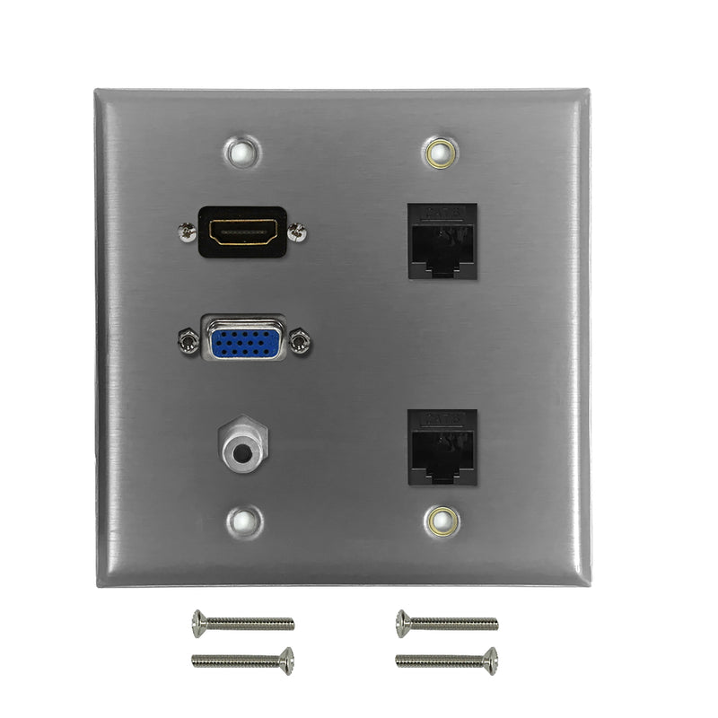 VGA, 3.5mm, HDMI, 2x Cat6 Double Gang Wall Plate Kit - Stainless Steel