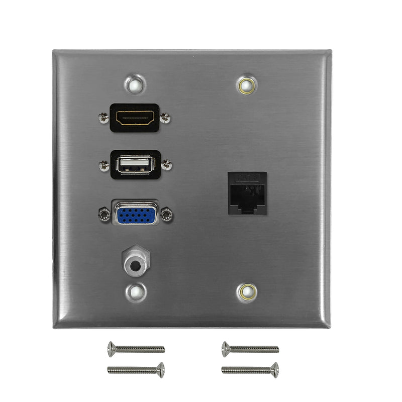 VGA, USB, HDMI, 3.5mm, CAT6 F/F Double Gang Wall Plate Kit - Stainless Steel