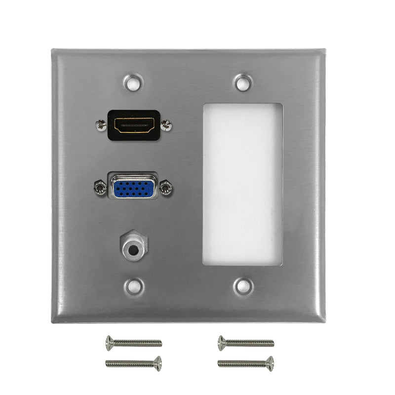 VGA, HDMI, 3.5mm, Decora Hole Double Gang Wall Plate Kit - Stainless Steel