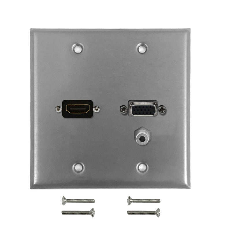 VGA, HDMI, 3.5mm Double Gang Wall Plate Kit - Stainless Steel
