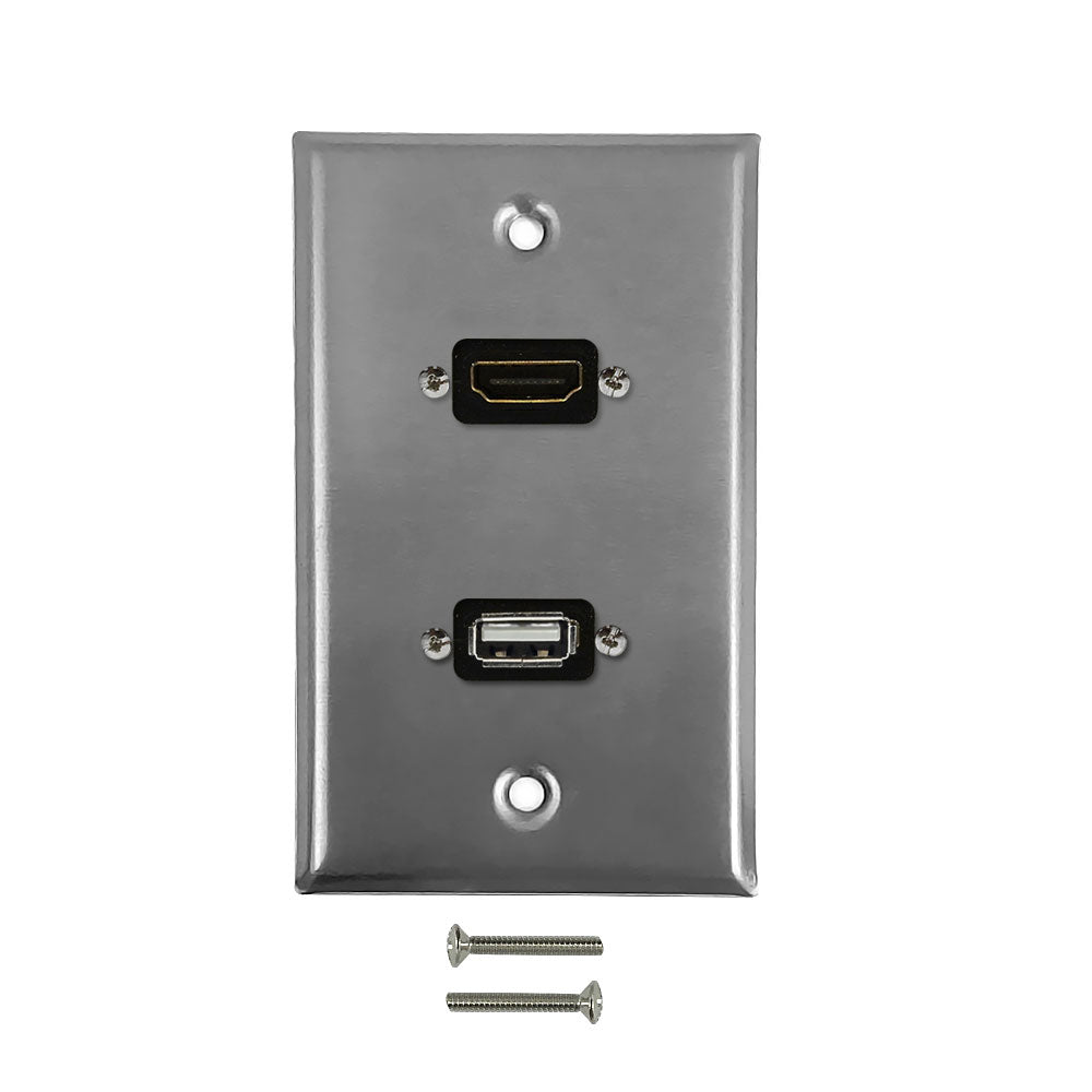 HDMI, USB Single Gang Wall Plate Kit - Stainless Steel