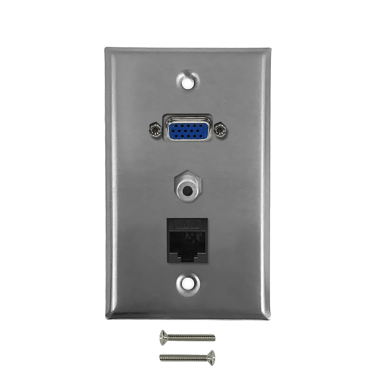 VGA, CAT 6, 3.5mm Single Gang Wall Plate Kit - Stainless Steel